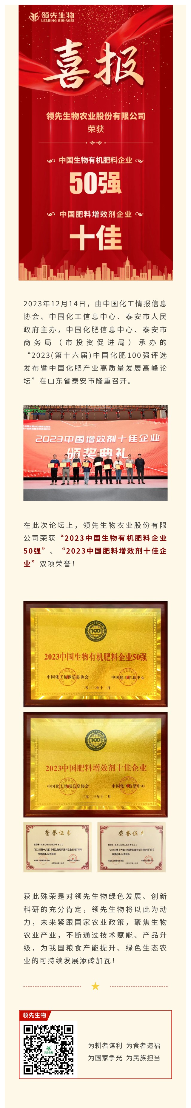 實力上榜 | 領(lǐng)先生物榮獲2023中國生物有機肥料企業(yè)50強！中國肥料增效劑十佳企業(yè)！